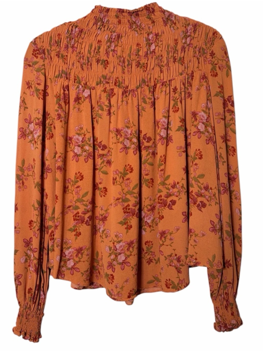 A Loves A Smocked Neck Long Sleeve Blouse In Burnt Orange Floral Size Small